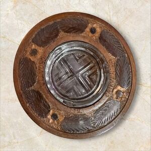 Vintage Wood and Glass Ashtray Beautifully Carved Wooden Flower and Leaves 8in